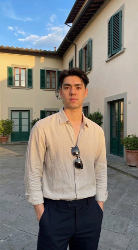 Matthew Stevens in a linen shirt in a sunlit villa courtyard